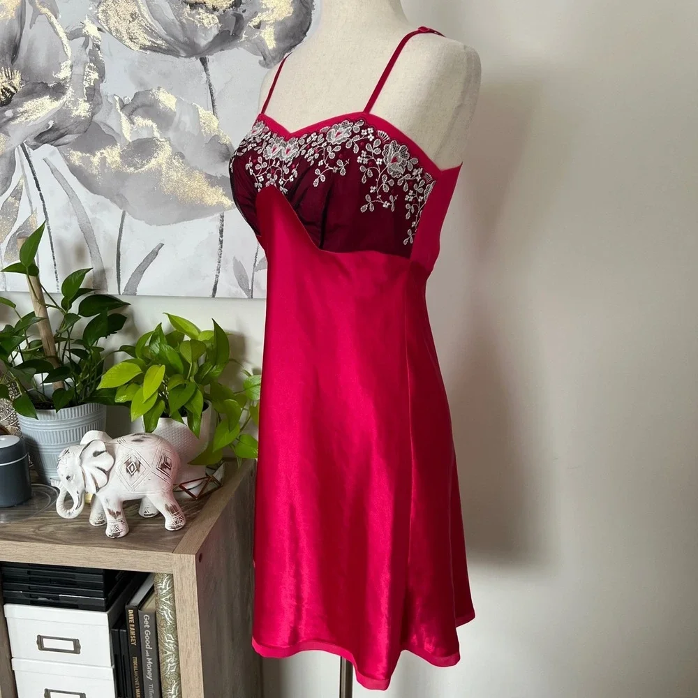Pink Satin Embroidered Lace Mini Slip Dress Coquette‎ Romantic Lingerie Boudoir